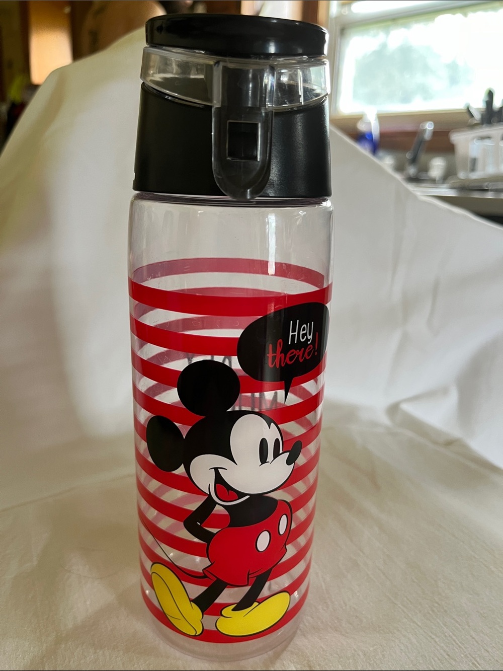 Disney Clear Water Bottle with Red Stripes, Black Lid and Yellow Accents